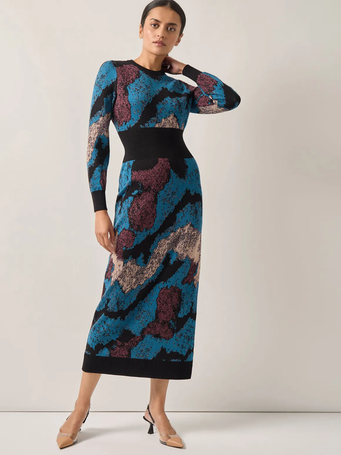 Abstract Sheath Jacquard Knit Maxi Dress