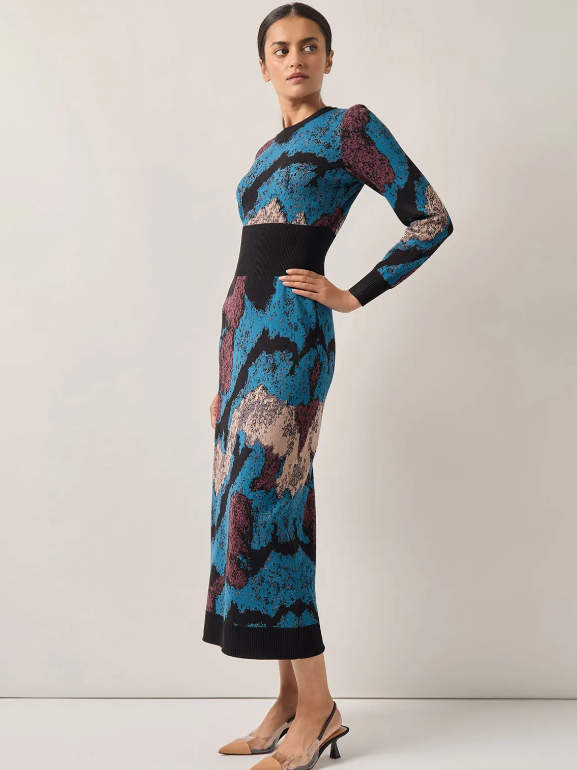 Abstract Sheath Jacquard Knit Maxi Dress