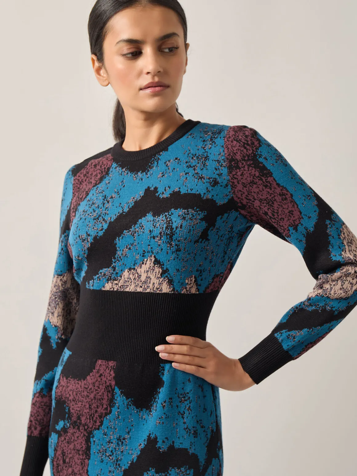 Abstract Sheath Jacquard Knit Maxi Dress
