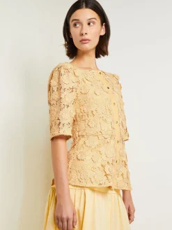Belted Button Front Blouse - Floral Applique Woven