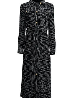 Belted Button Front Tweed Knit Midi Dress