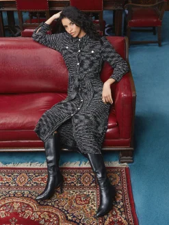 Belted Button Front Tweed Knit Midi Dress