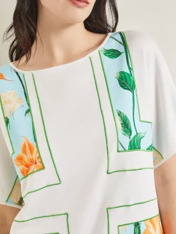 Dolman Sleeve Boat Neck Tunic - Cotton Floral Panel Soft Knit