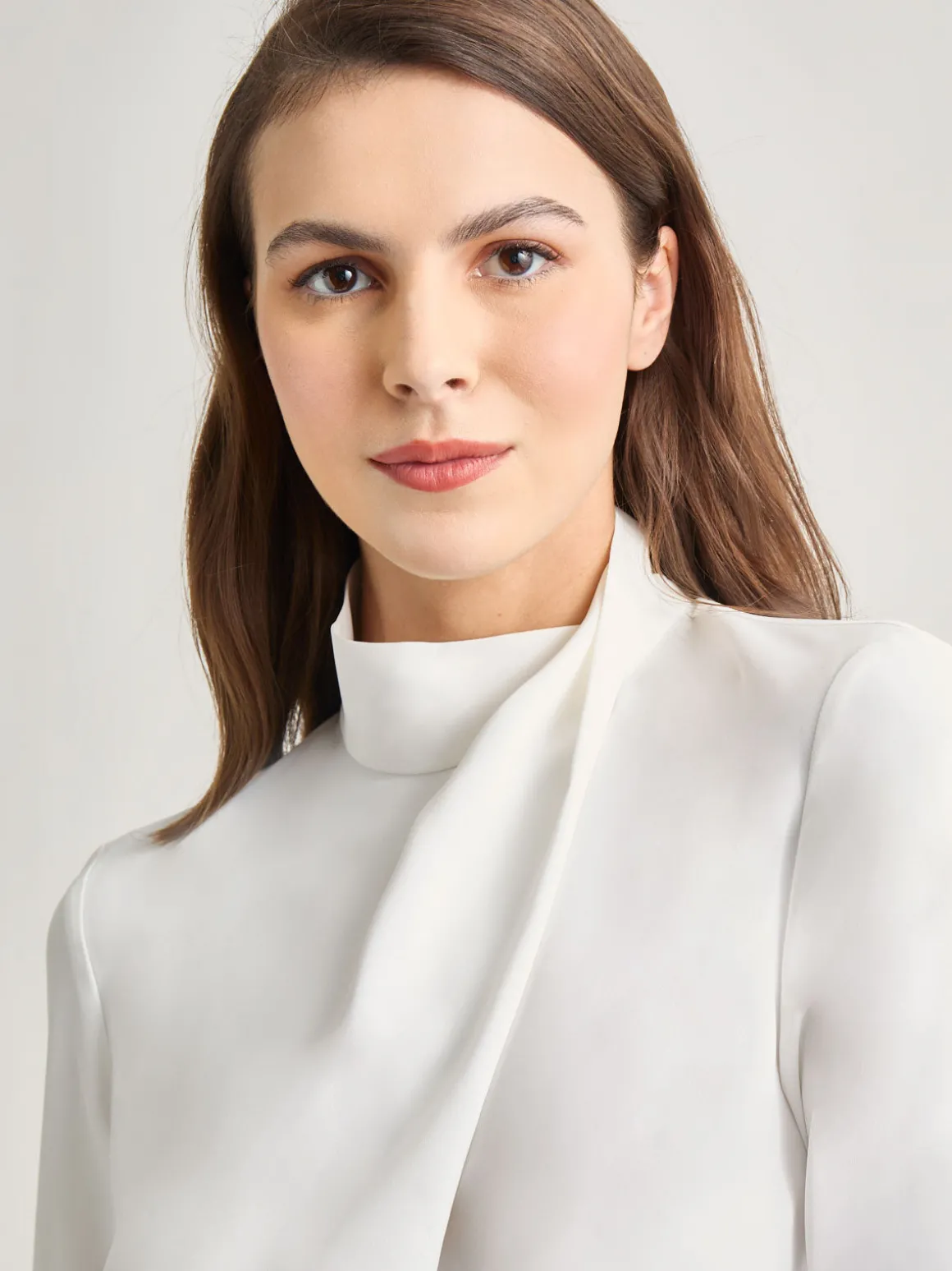 Draped Crepe de Chine Mock Neck Blouse