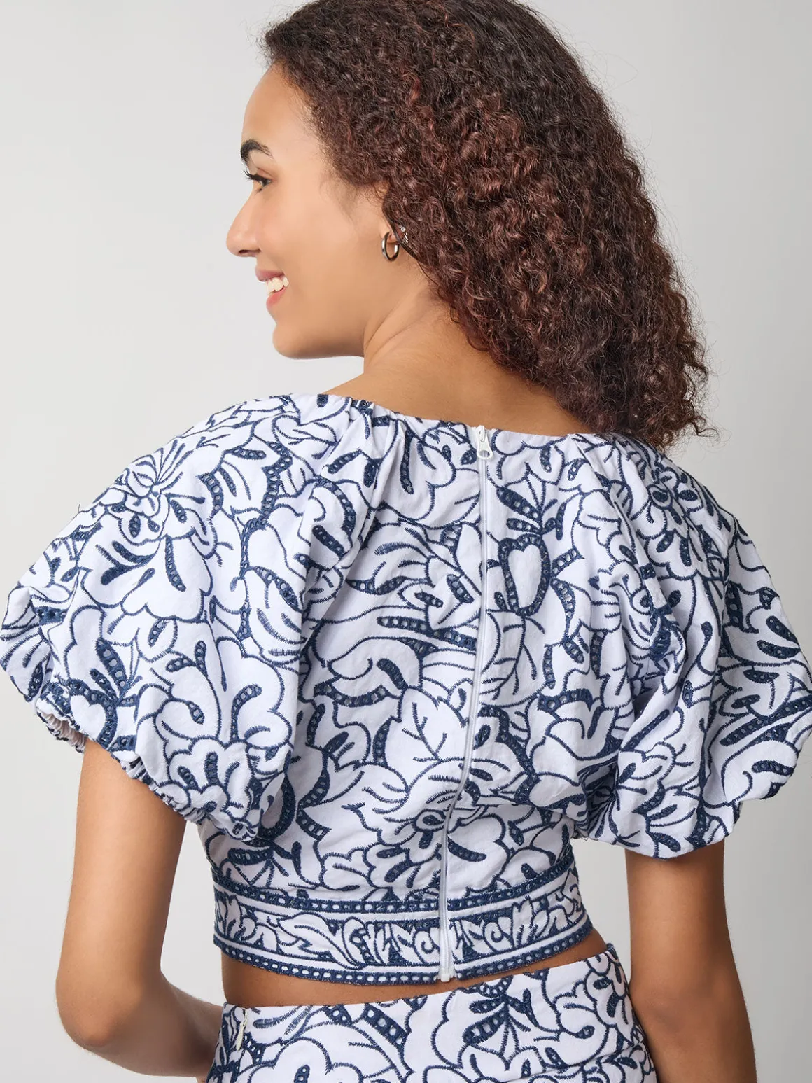 Embroidered Floral Cropped Cotton Blouse