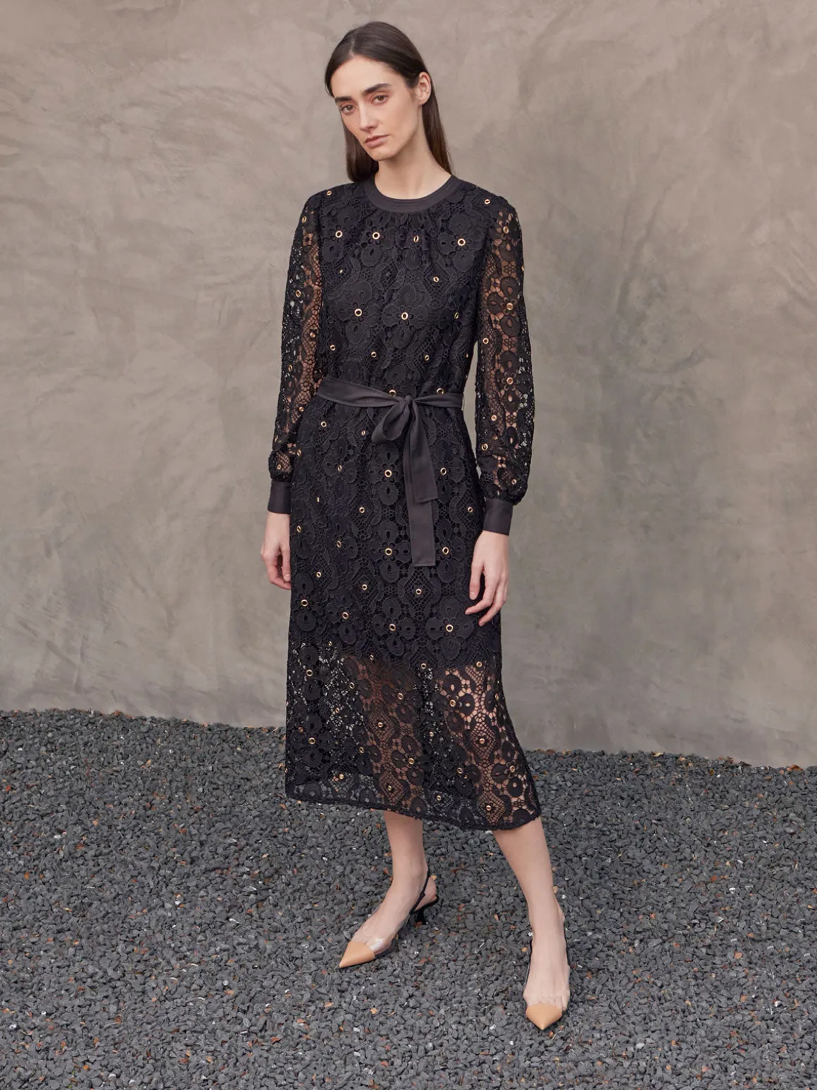 Gold Grommet Laced Shift Midi Dress