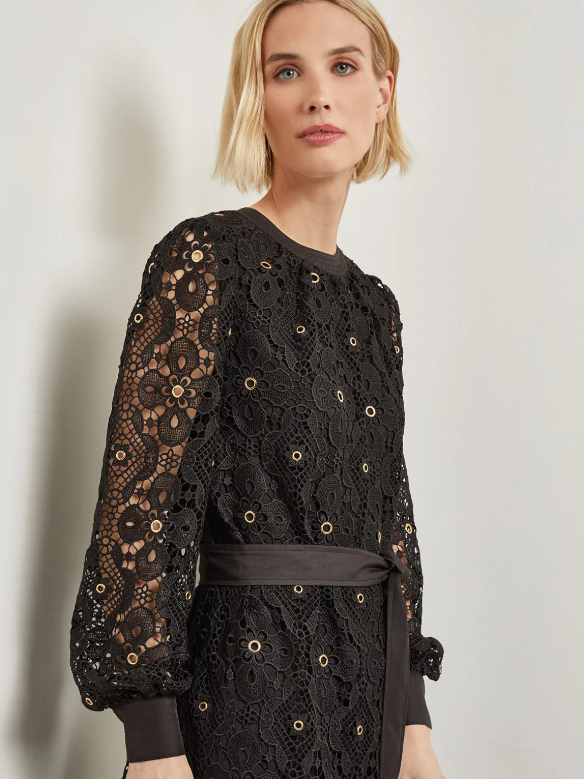 Gold Grommet Laced Shift Midi Dress