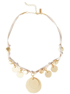 Matte Gold Coin Charm Natural Leather & Suede Necklace