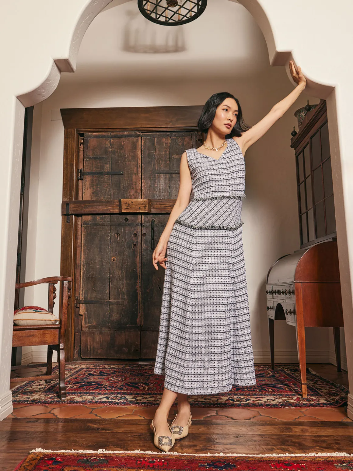 Maxi Drop Waist Dress - Fringe Trim Soft Tweed Knit