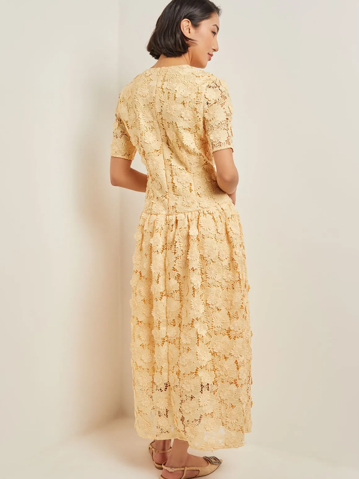 Maxi Pleated Drop Waist Dress - Floral Applique Woven