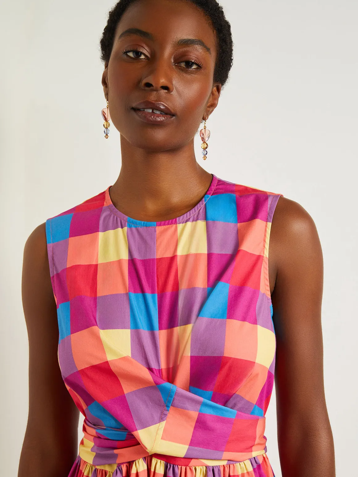 Maxi Tie Waist Dress - Plaid Cotton Blend