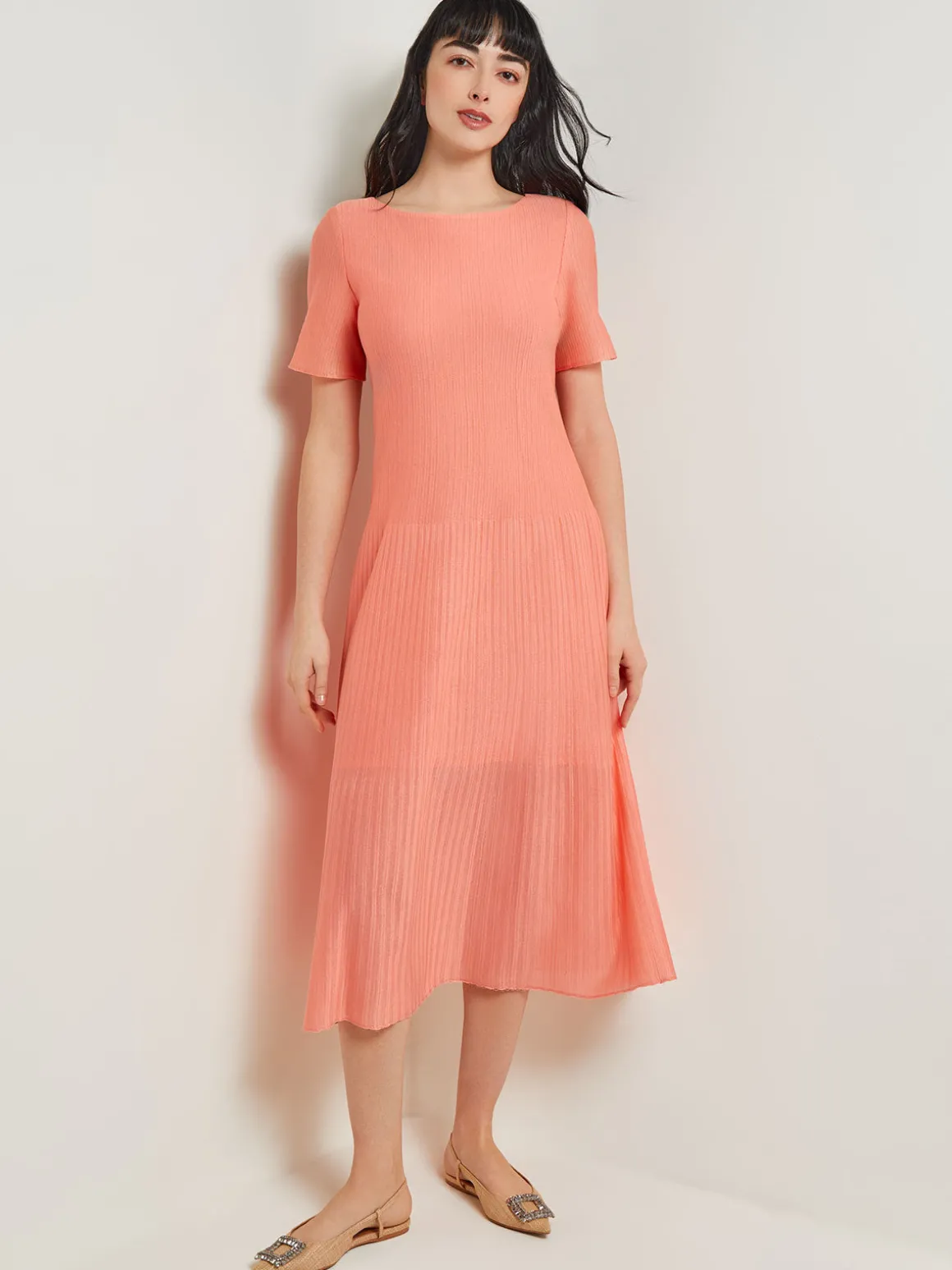 Midi A-Line Dress - Short Sleeve Burnout Knit