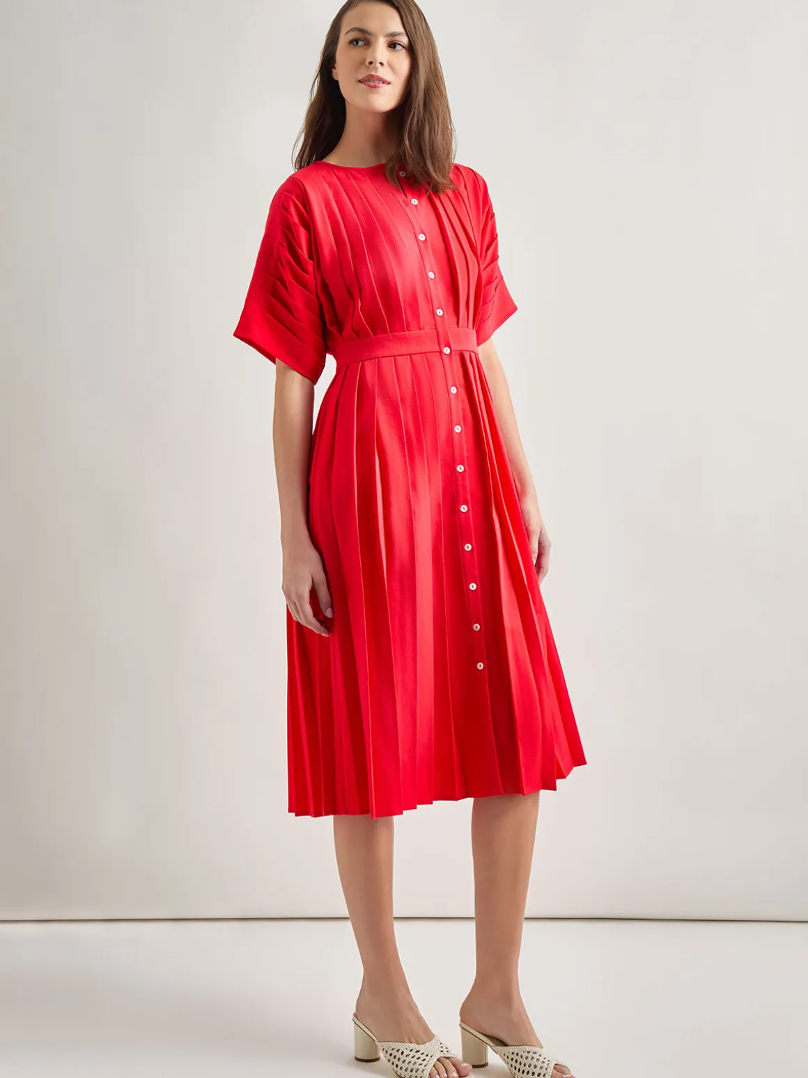 Midi Fit & Flare Dress - Hand Pleated Woven