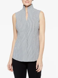 Pinstripe Sleeveless Stretch Cotton Blouse, Black/White