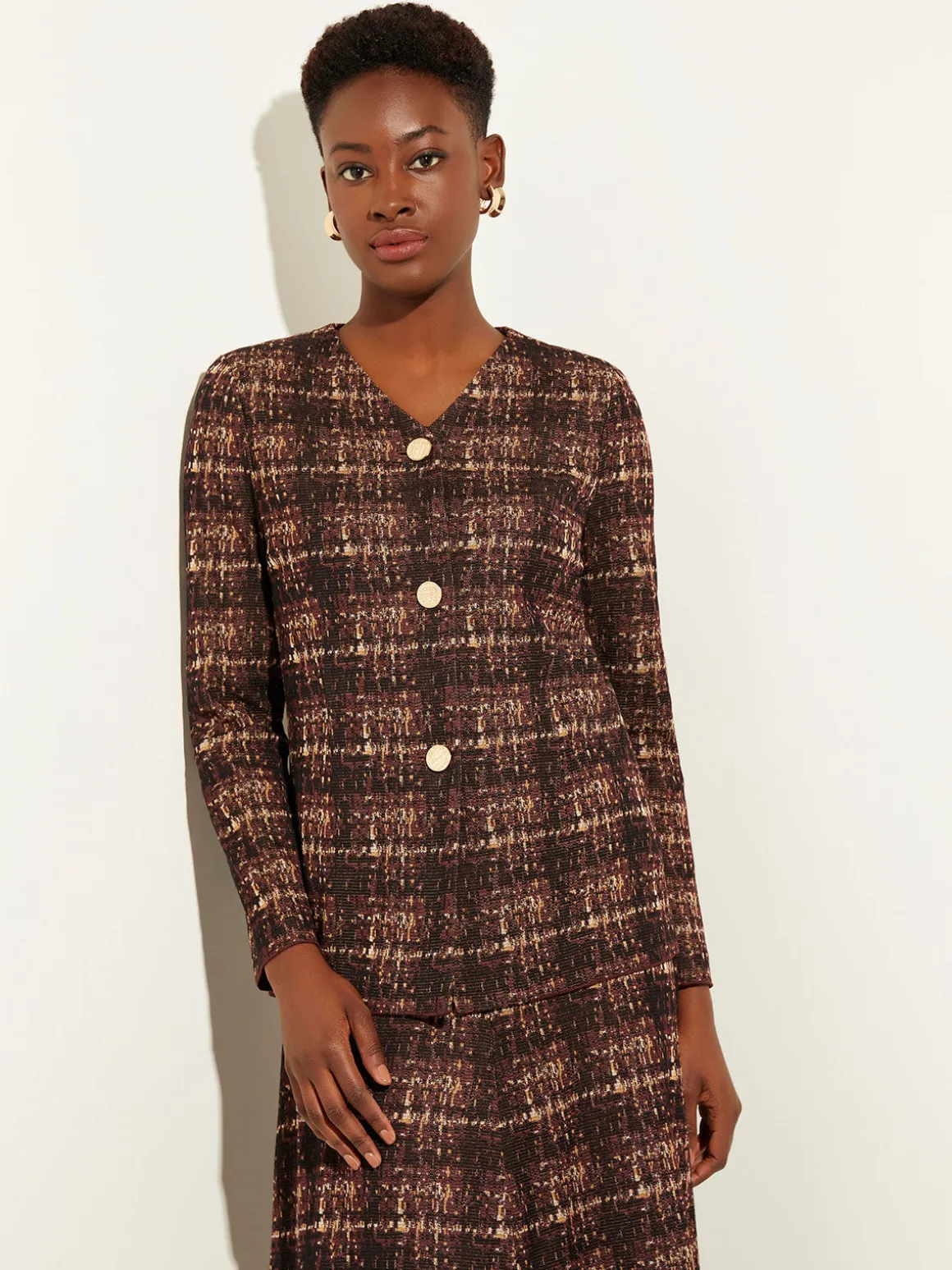 Plaid Button-Front Knit Jacket