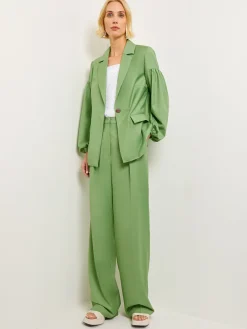 Relaxed Fit One Button Jacket - Balloon Sleeve Relaxed Woven