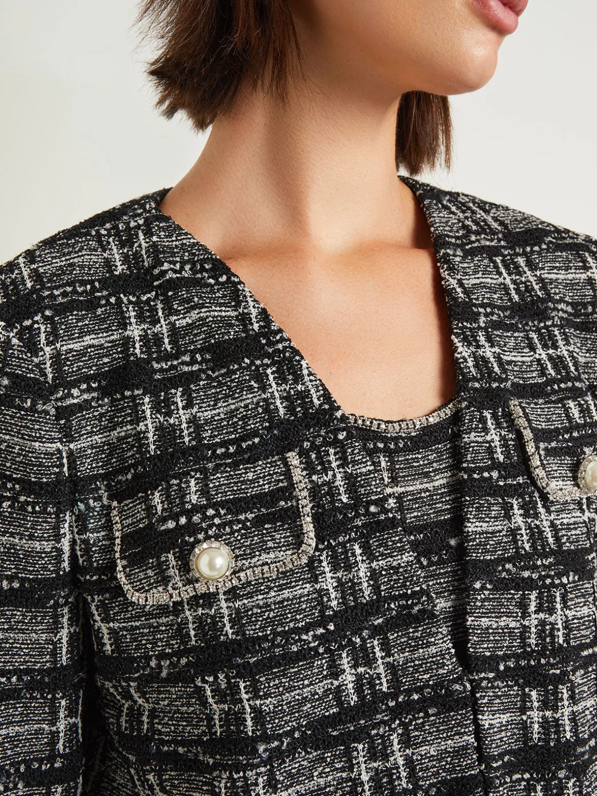 Rhinestone Accent Fringe Tweed Knit Jacket