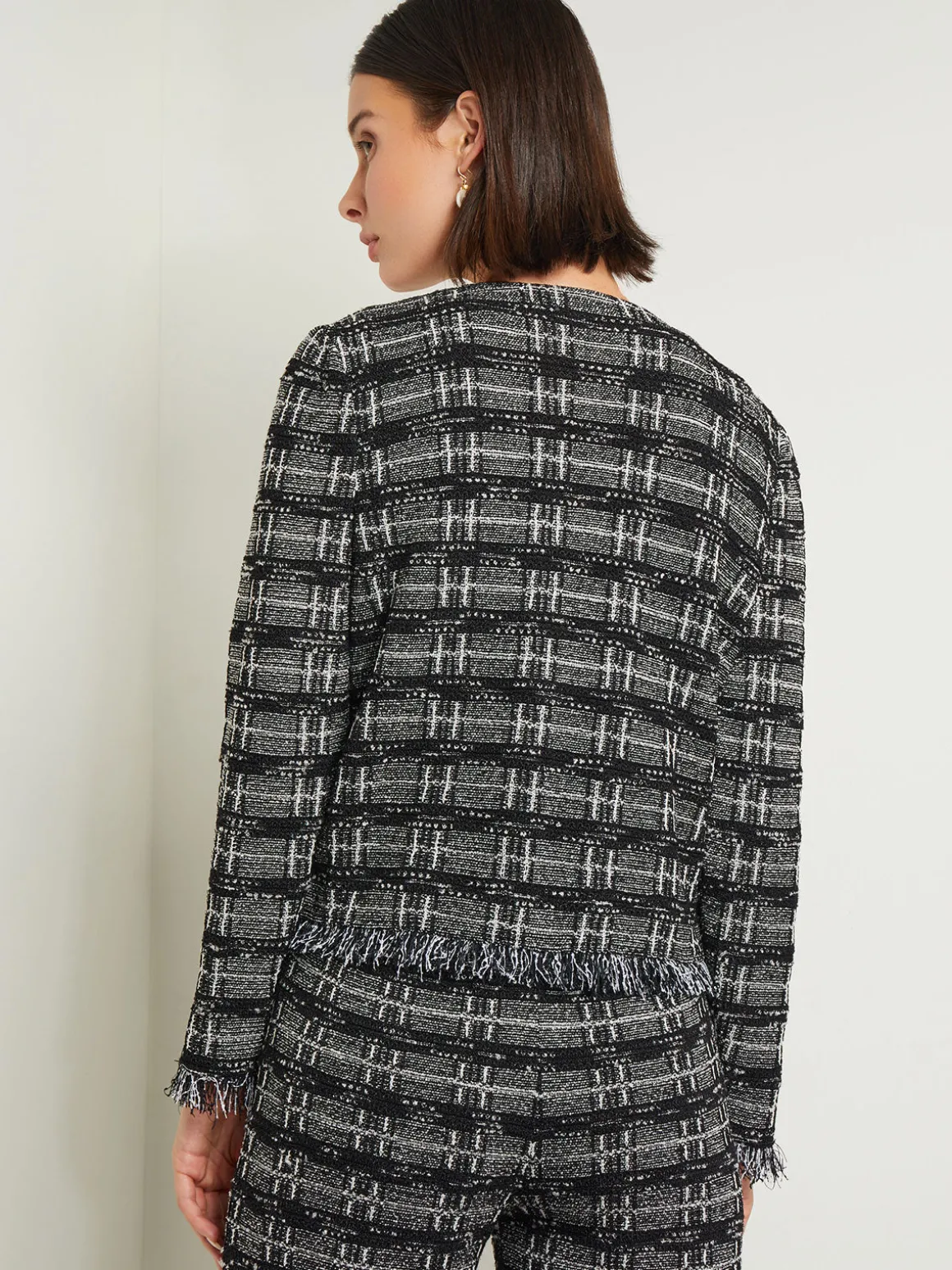 Rhinestone Accent Fringe Tweed Knit Jacket