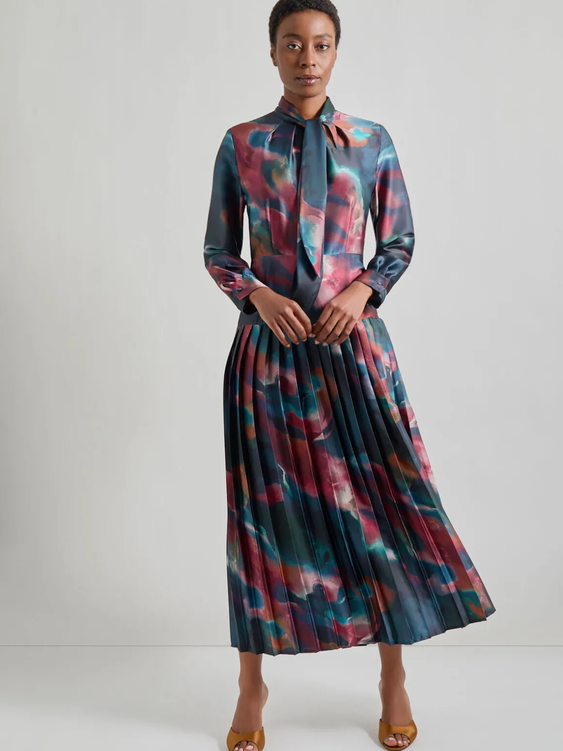 Tie Neck Pleated A-Line Maxi Dress