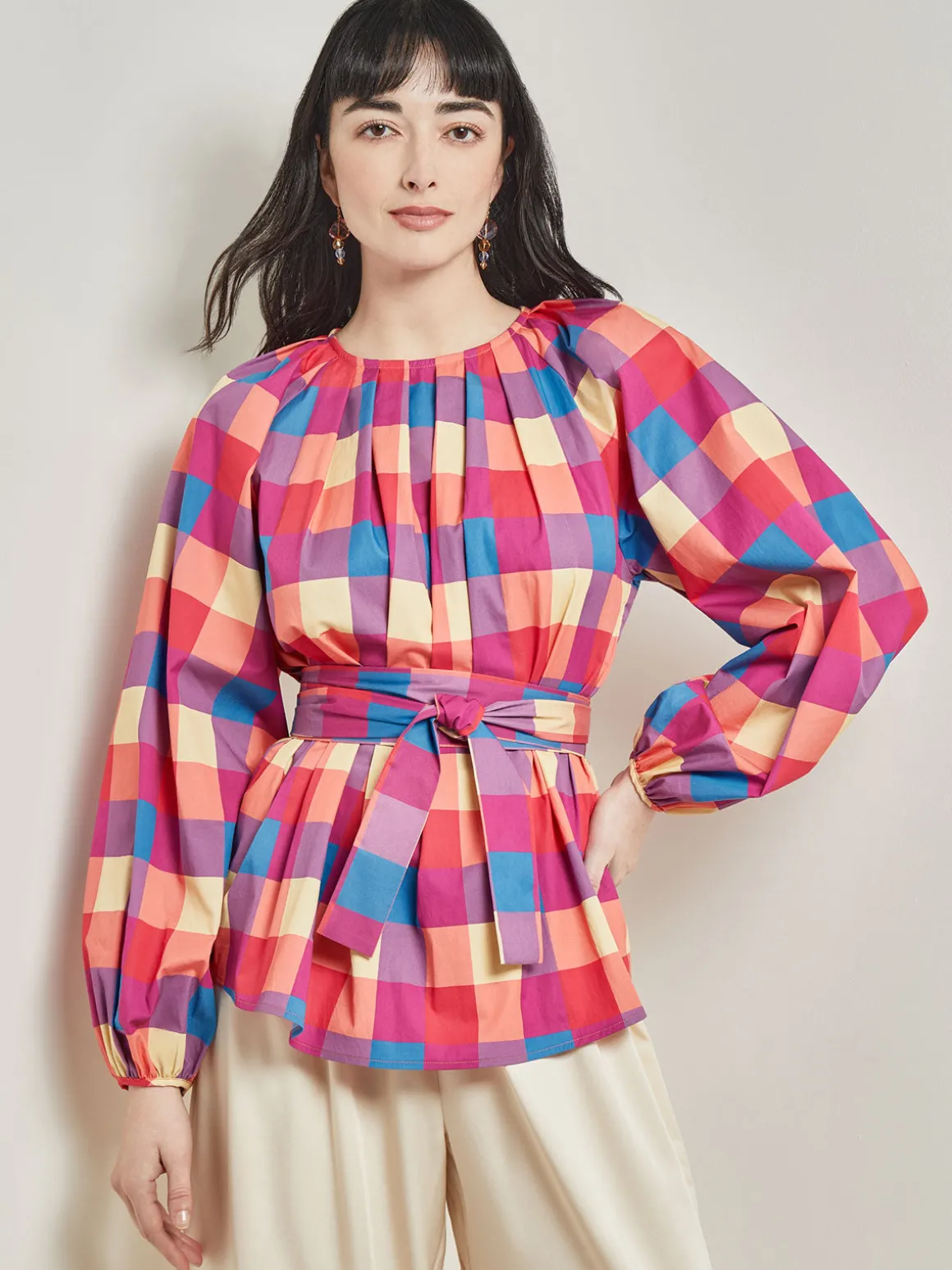 Tie Waist Blouse - Plaid Cotton Blend