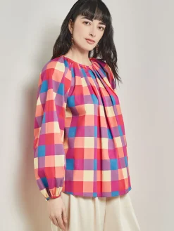 Tie Waist Blouse - Plaid Cotton Blend