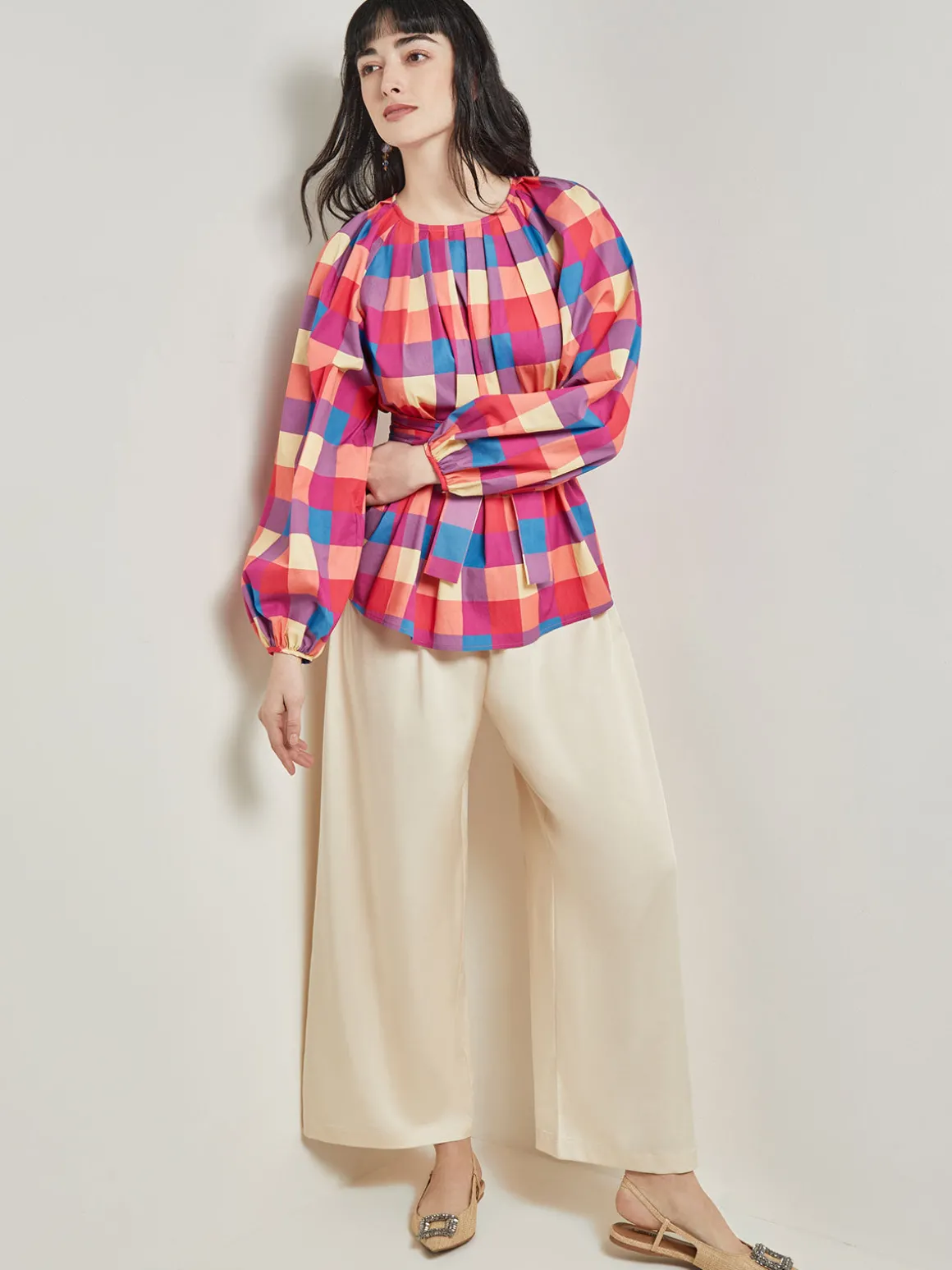 Tie Waist Blouse - Plaid Cotton Blend